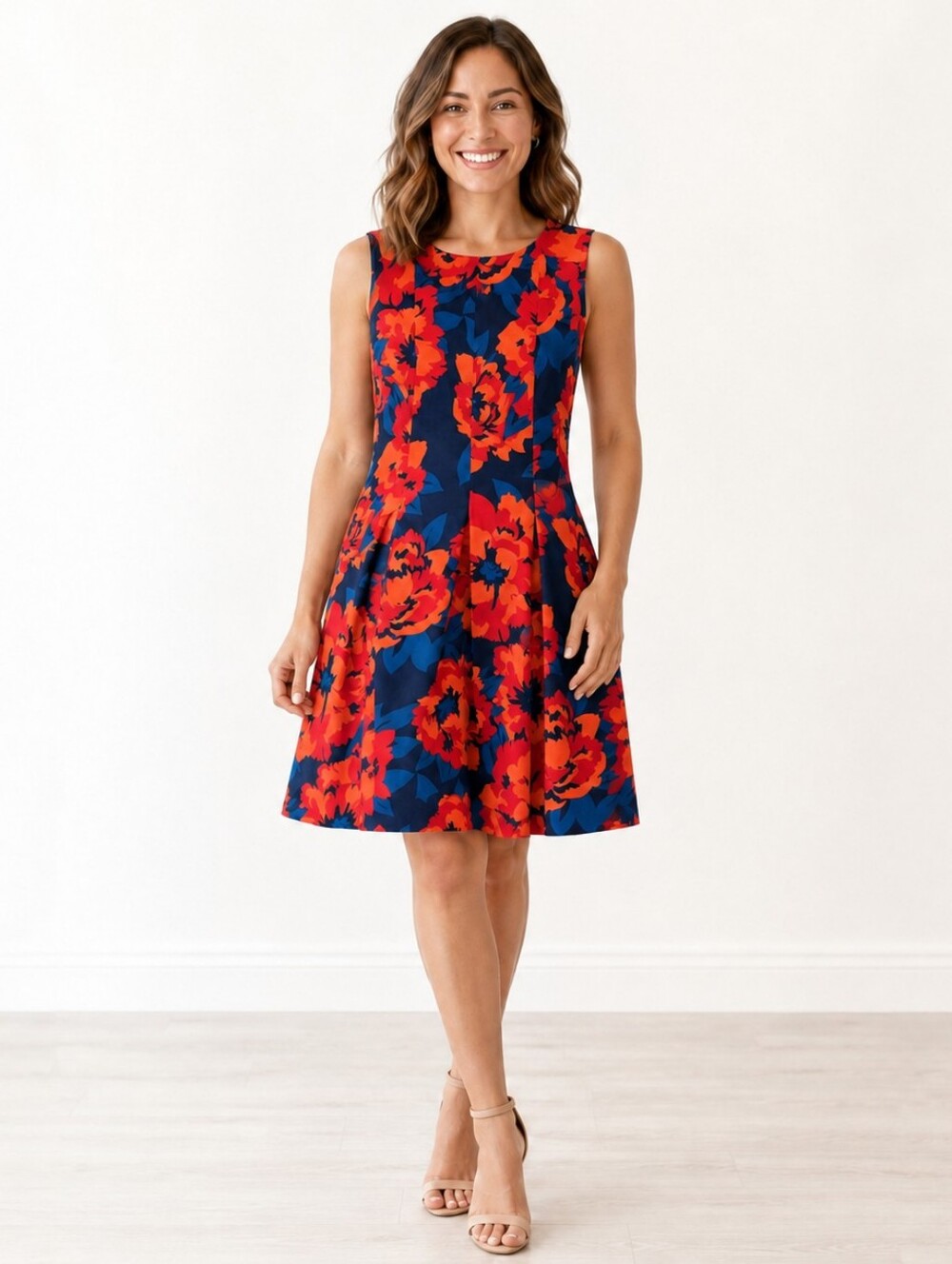 Tommy Hilfiger Floral Fit & Flare Dress Size 8 Navy Orange Red Sleeveless
